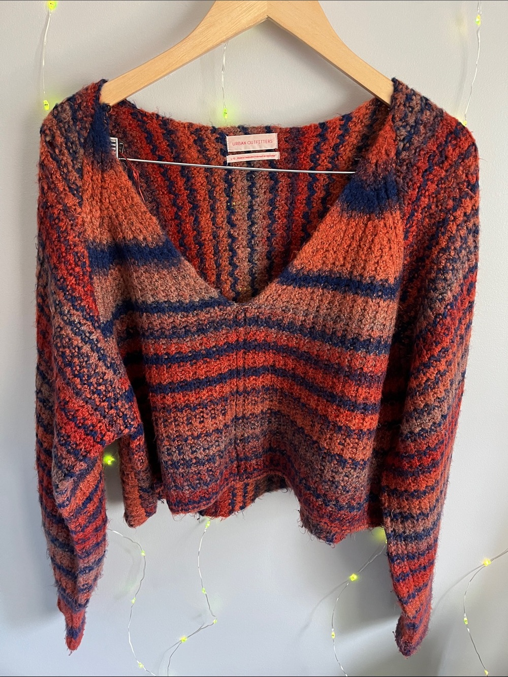 Urban Outfitters Rust and Navy Striped V-Neck Pullover